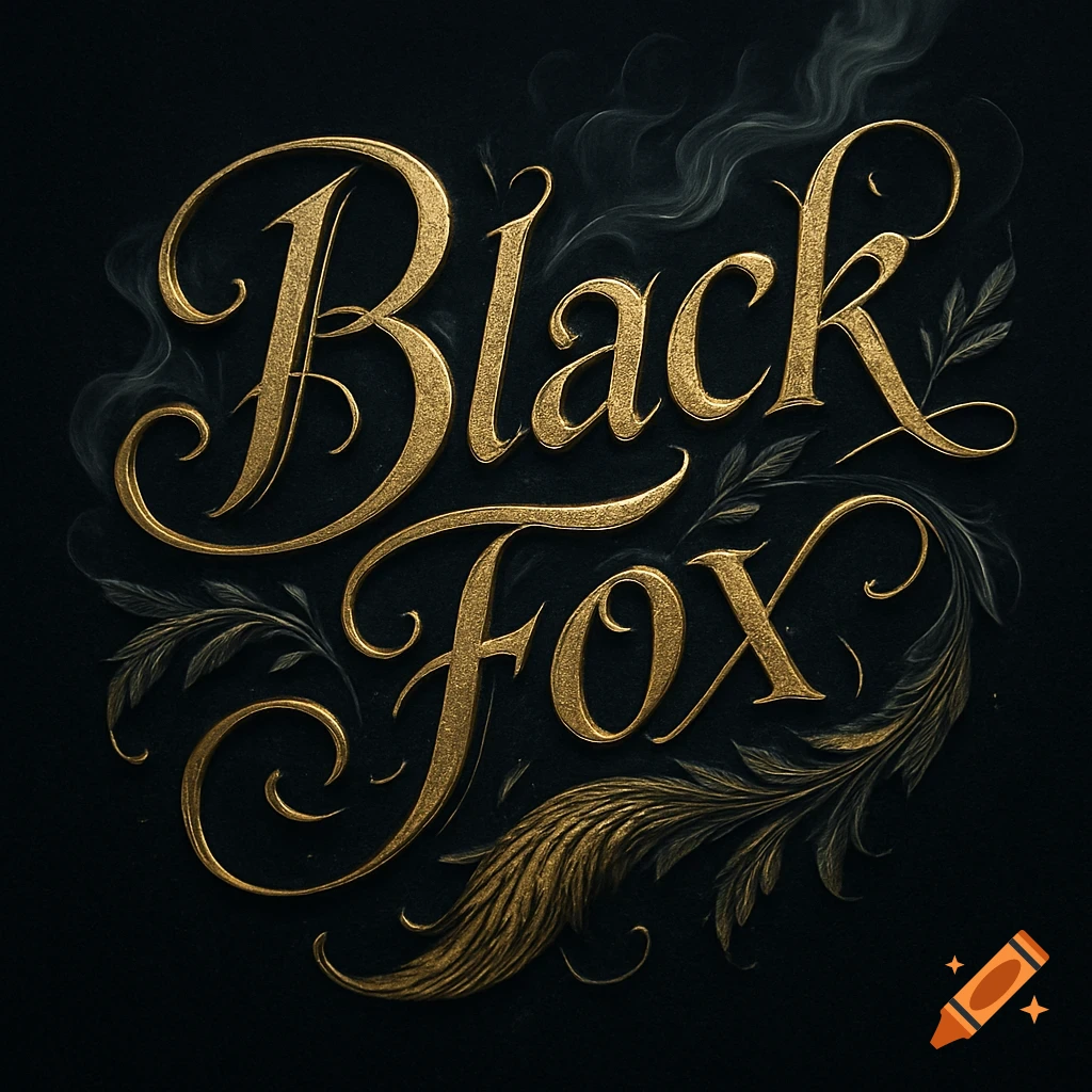 Ornate golden calligraphy spells 'Black Fox' against a dark background with elegant flourishes and smoke.