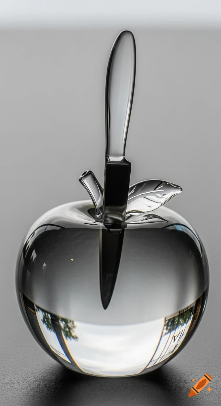 A clear glass apple with a glass knife resting on top, reflecting the environment on its shiny surface.