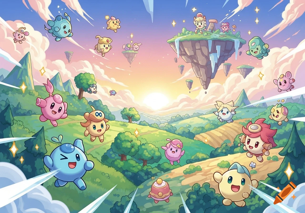 A vibrant anime-style landscape with numerous cute, colorful, round creatures flying and standing on floating islands and green hills during a sunset.