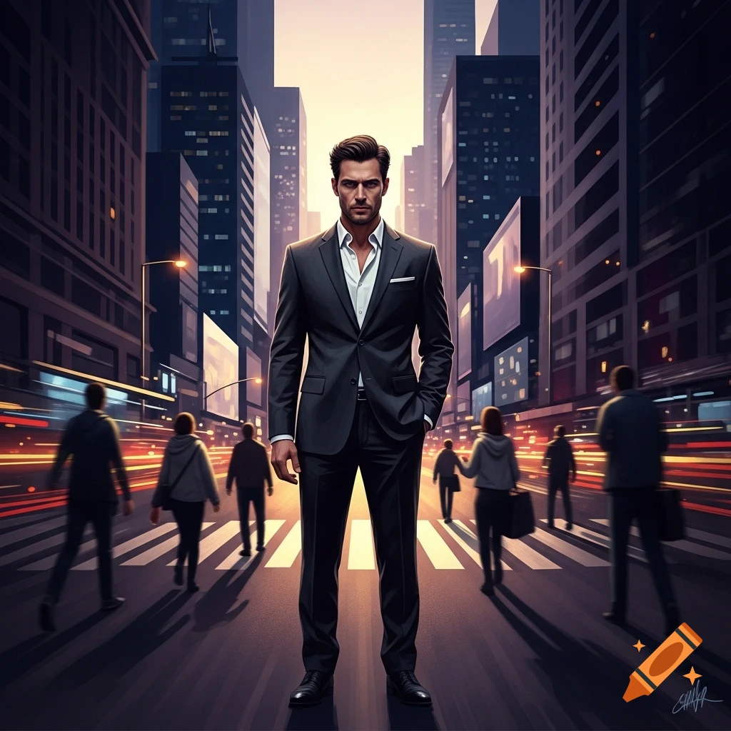 A photorealistic image of a man in a dark suit standing confidently in the middle of a busy city street with blurred light trails and tall buildings.