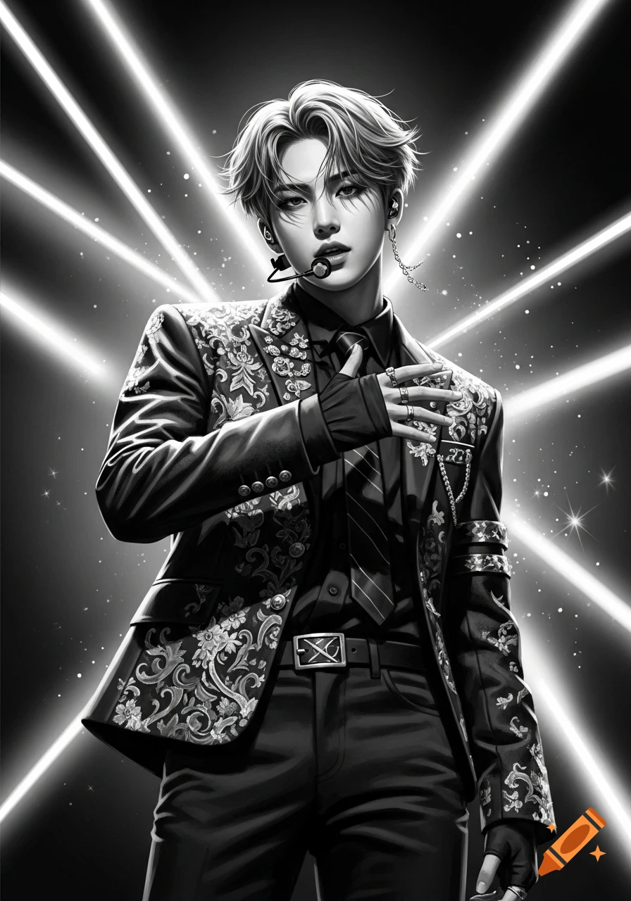 Digital black and white painting of a stylish K-pop idol in an ornate suit and headset, posing under bright light rays.