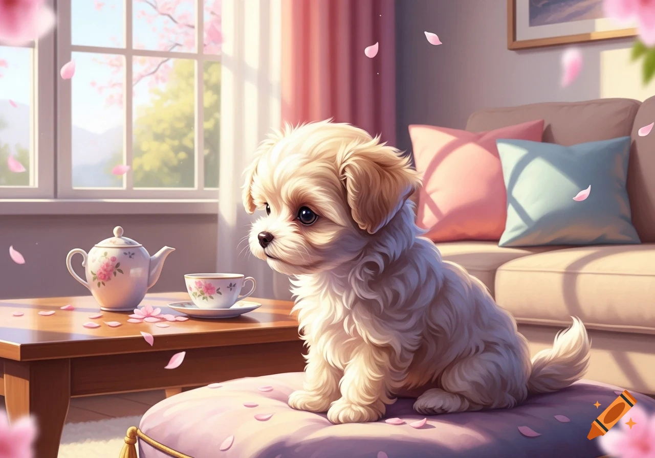 A cute, fluffy maltipoo puppy sits on a pink cushion, with falling petals, next to a window and a tea set in an illustration.