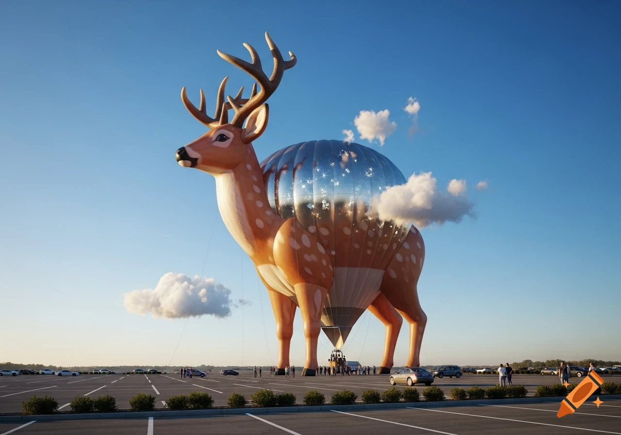 A photorealistic image of a giant white-tailed deer hot air balloon in a parking lot under a blue sky with clouds.