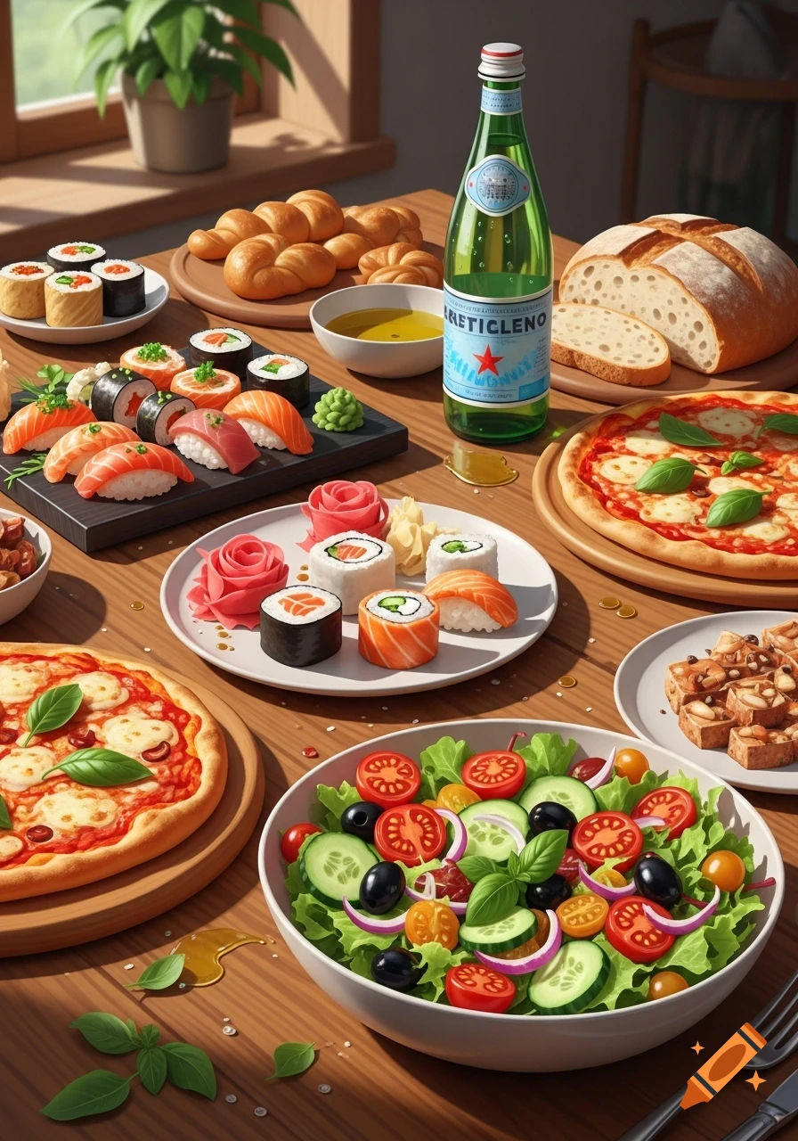 A dining table filled with a variety of dishes including sushi, pizza, salad, bread, and a green bottle, in a bright, photorealistic style.