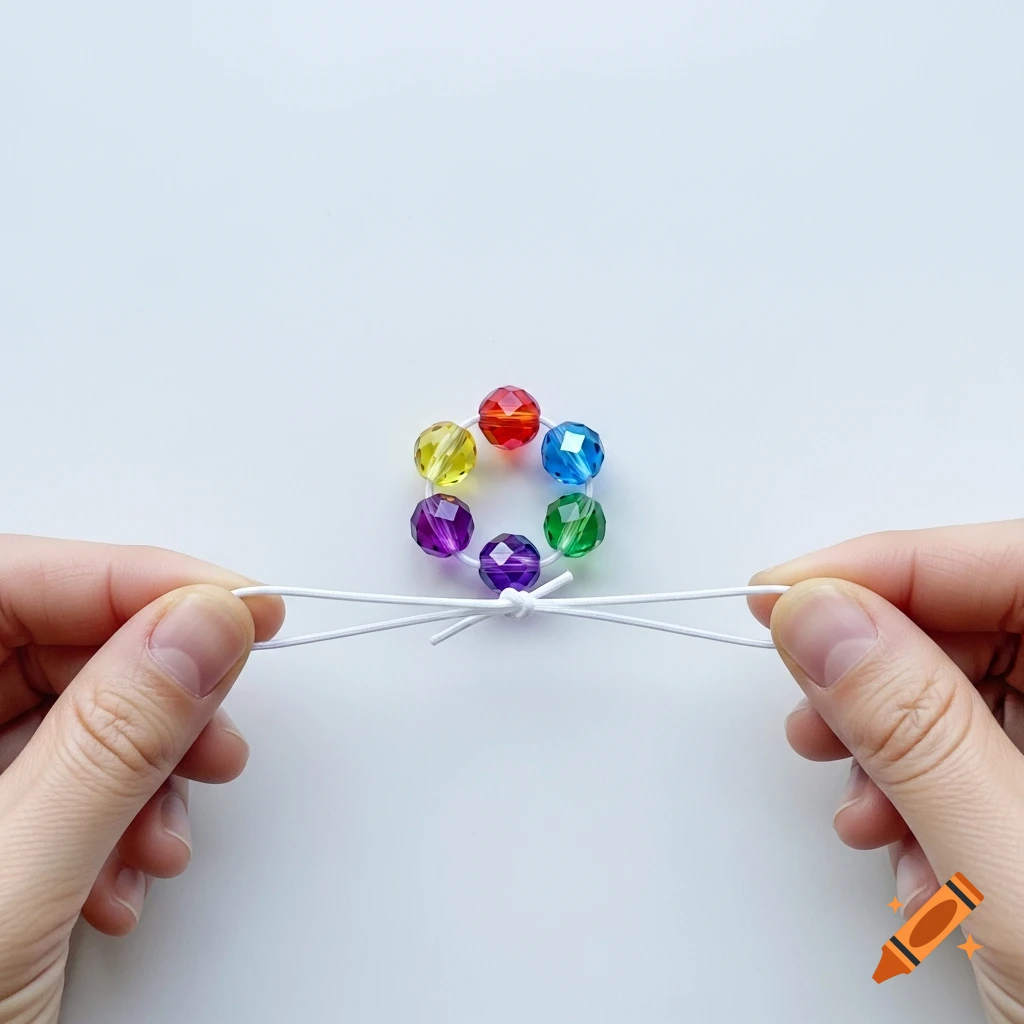 Close-up of hands tying white elastic cord into a loop, featuring six colorful faceted beads arranged in a circle.