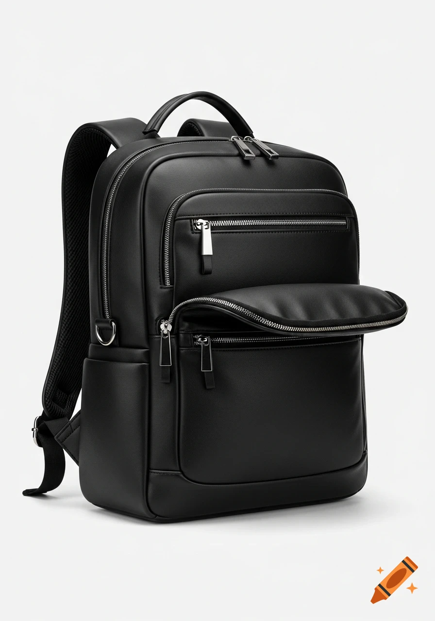 A sleek black faux leather business backpack with multiple zippered compartments and silver hardware against a clean white background.