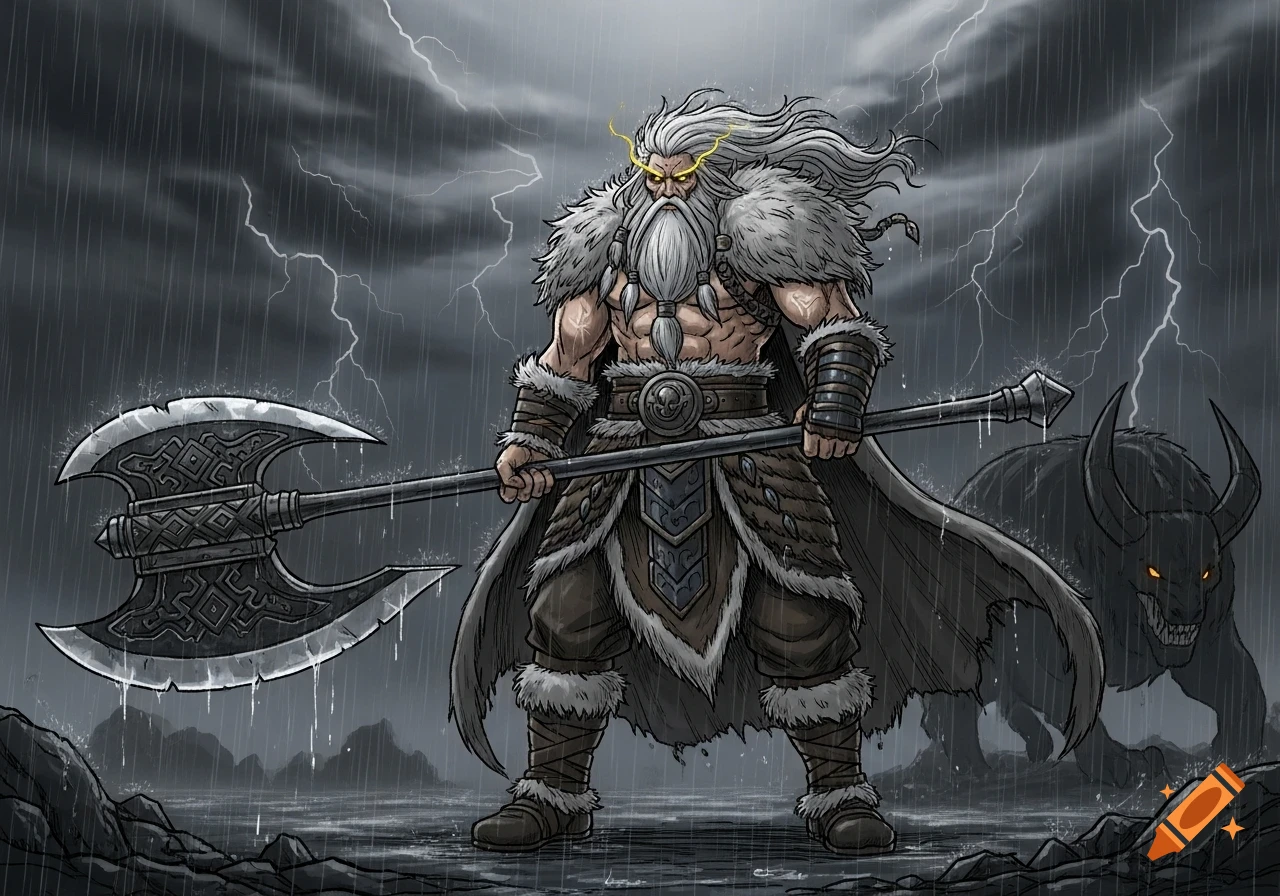 A manga sketch of a muscular, white-bearded man with glowing eyes and fur armor, holding an axe in a stormy, rainy fantasy landscape with a horned beast.