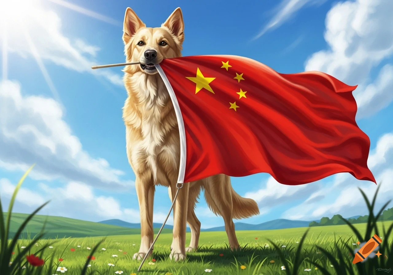 A golden dog stands in a sunny green field, holding the red Chinese flag with five yellow stars in its mouth.