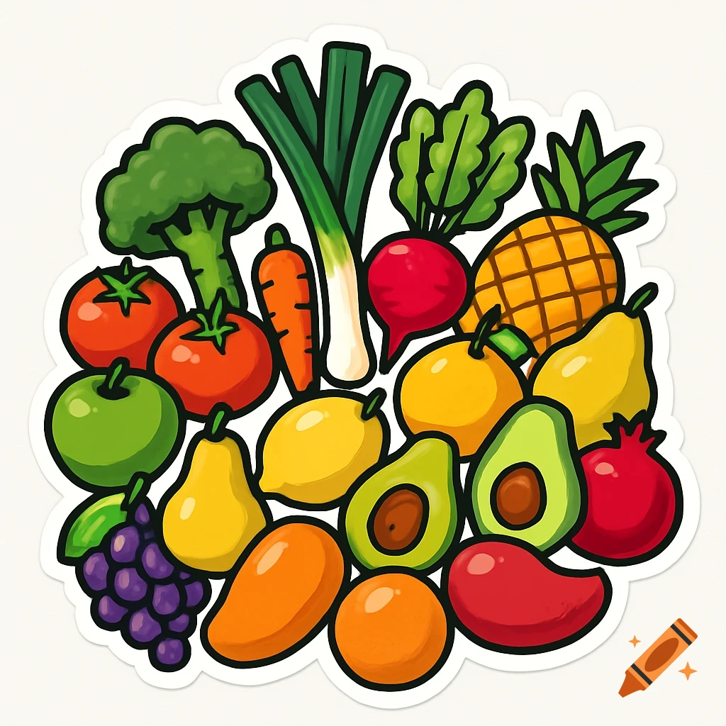 A vibrant sticker illustration of a compact group of various fruits and vegetables with thick outlines.