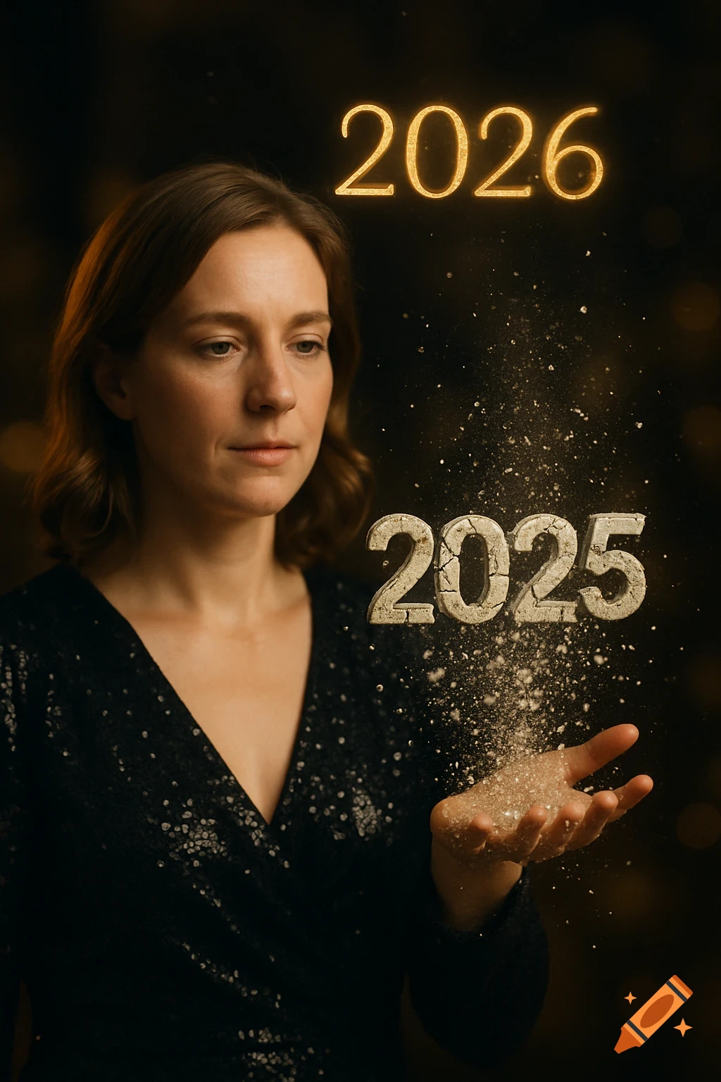 A woman in a sparkly black dress looks at crumbling '2025' particles in her hand, with a golden '2026' floating above.