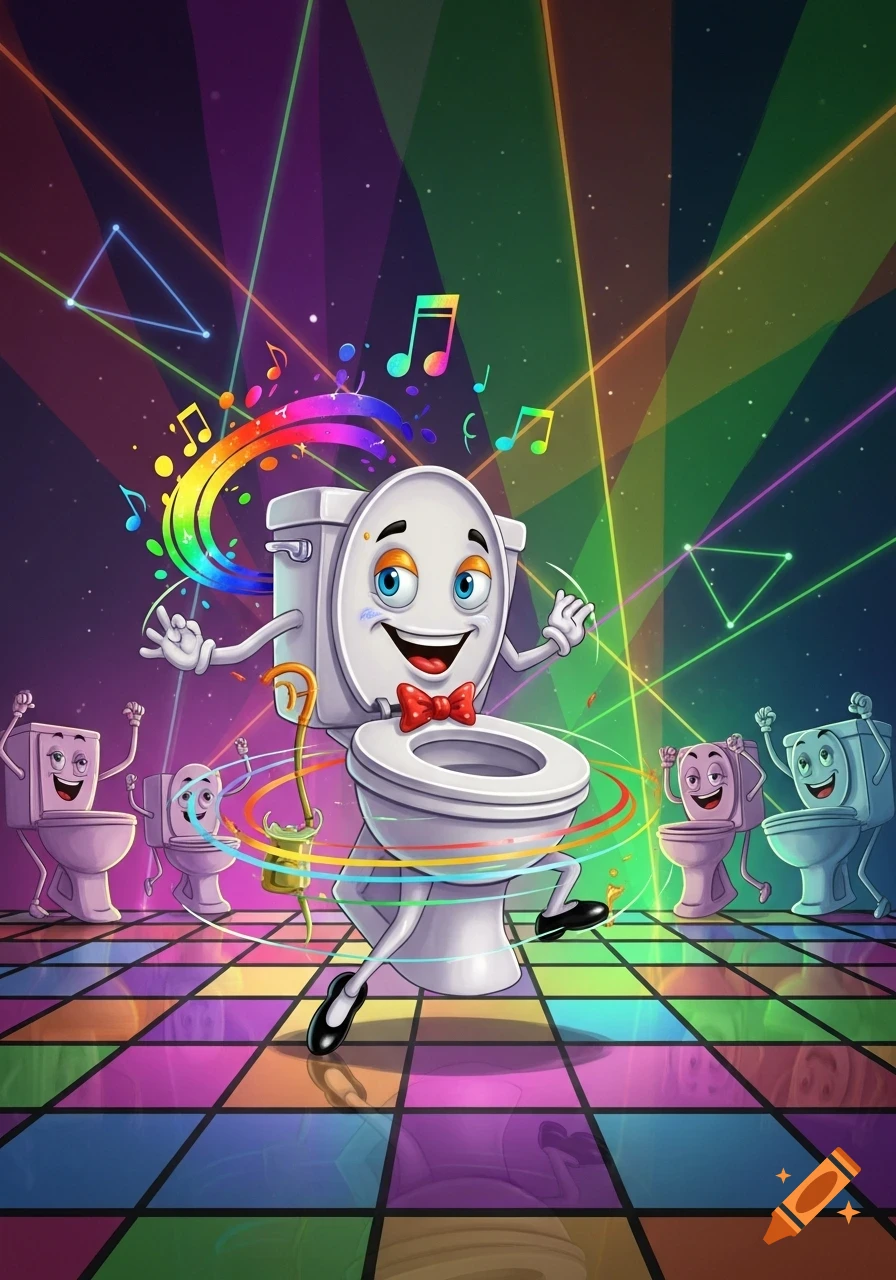 A cartoon toilet with a red bow tie dances on a colorful disco floor, surrounded by other dancing toilets, musical notes, and laser lights.