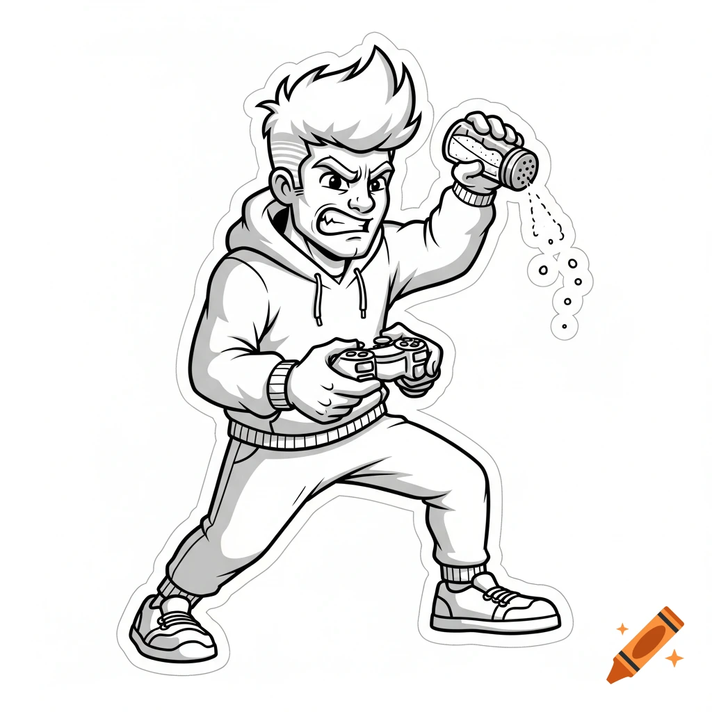 A black and white cartoon mascot of a furious male gamer in a hoodie, holding a controller and shaking a salt shaker.