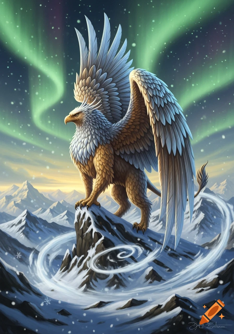 A majestic griffin with white and brown feathers stands on a snowy mountain peak under green aurora borealis and falling snow.