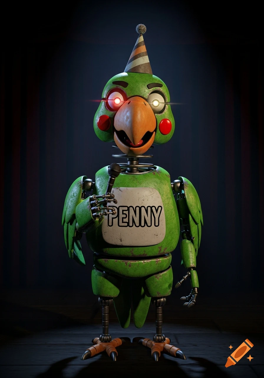 A photorealistic green animatronic parrot named Penny, wearing a party hat, holds a microphone with one red and one white glowing eye.