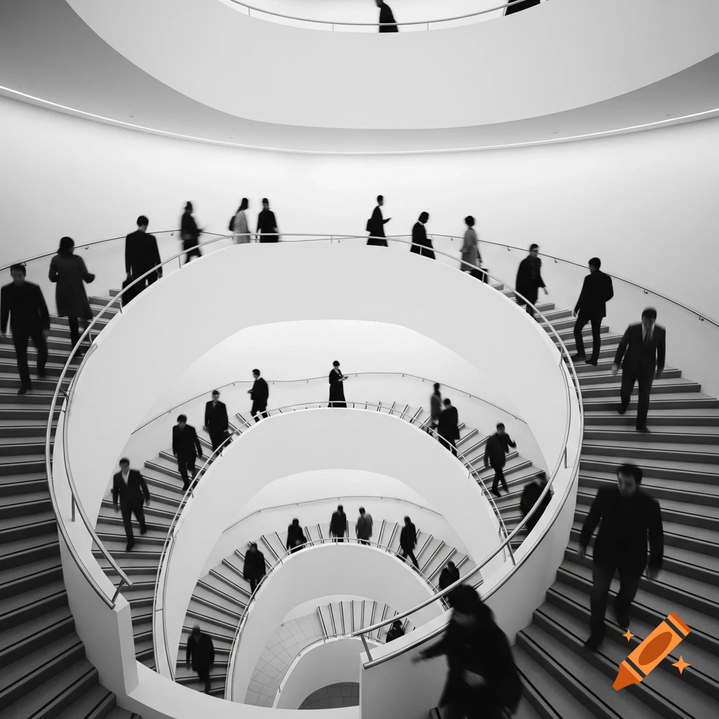 High-angle, black and white shot of a modern spiral staircase filled with blurred figures of people moving up and down.