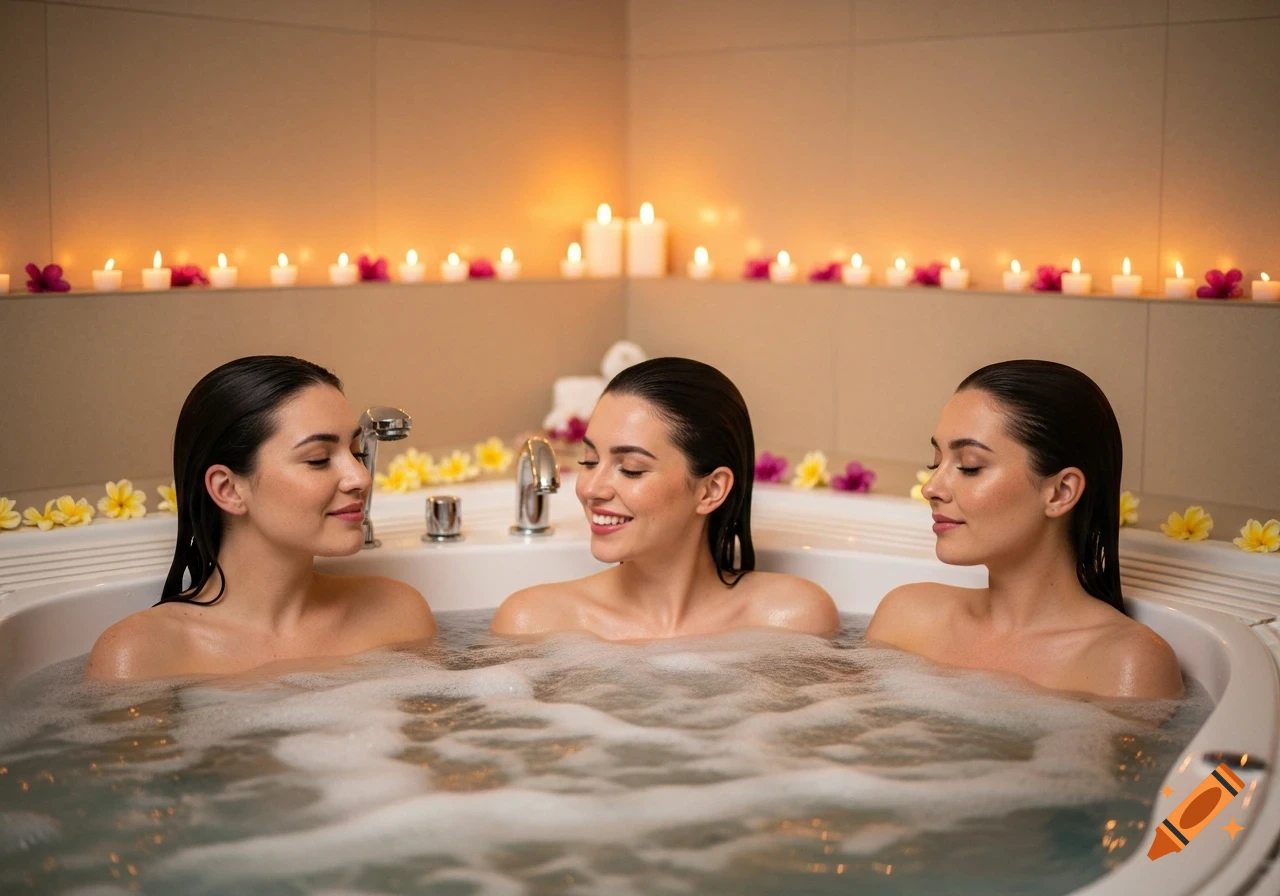 Three young women relax in a bubbly jacuzzi surrounded by candles and flowers at a spa, depicted in a photorealistic style.