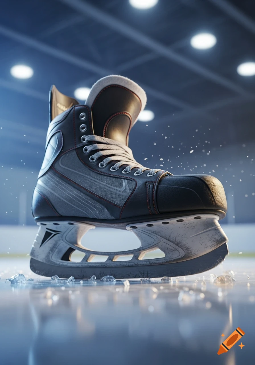A detailed, close-up, low-angle view of a grey and black ice hockey skate on a bright ice rink, with ice shards.