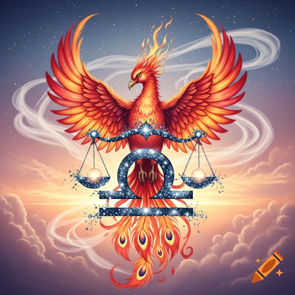 A vibrant phoenix with fiery wings and tail holding a sparkling blue Libra zodiac symbol against a cloudy sunset sky.