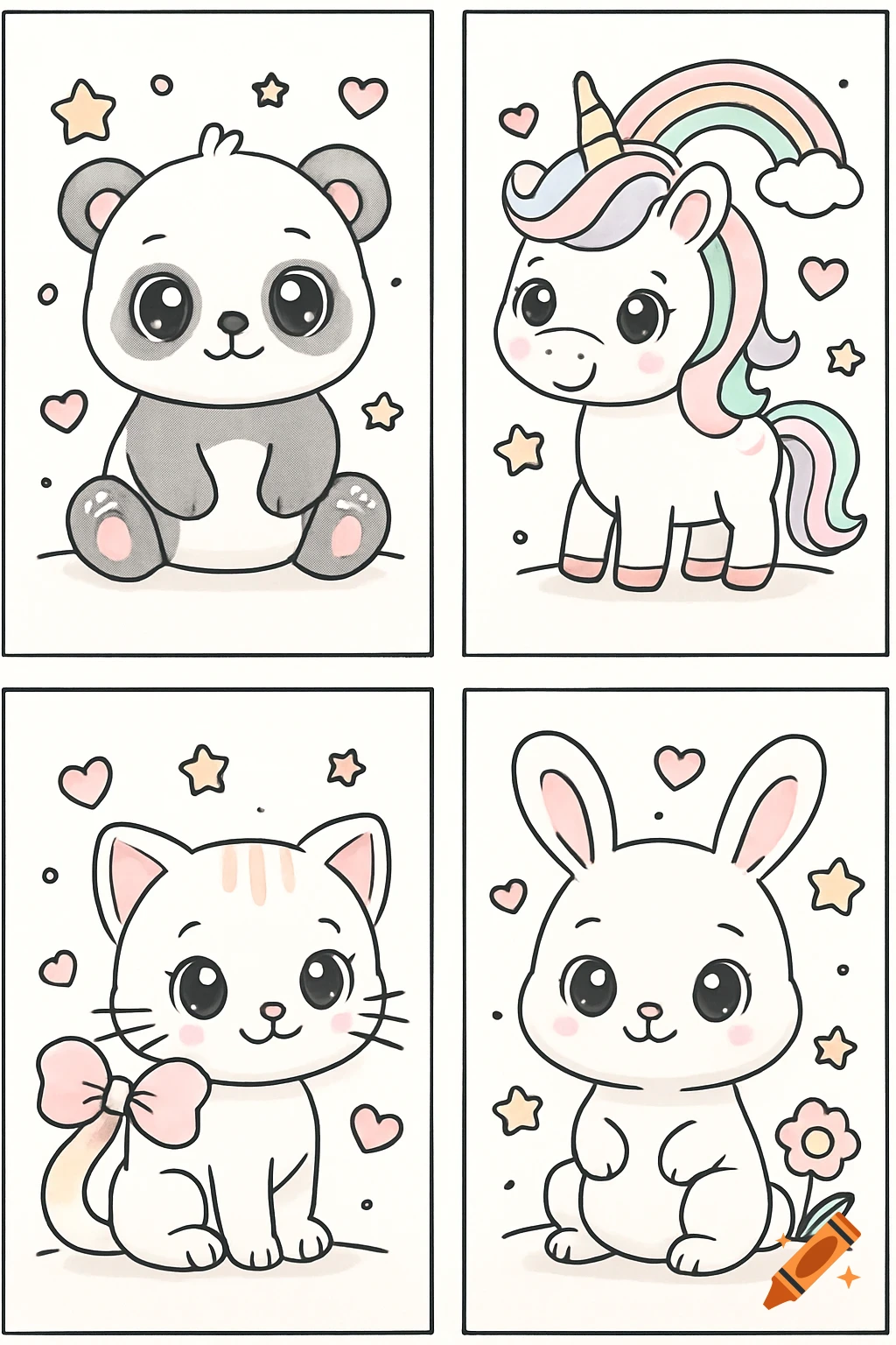 Four kawaii animal coloring pages featuring a panda, unicorn, cat with a pink bow, and a bunny, on a white background.
