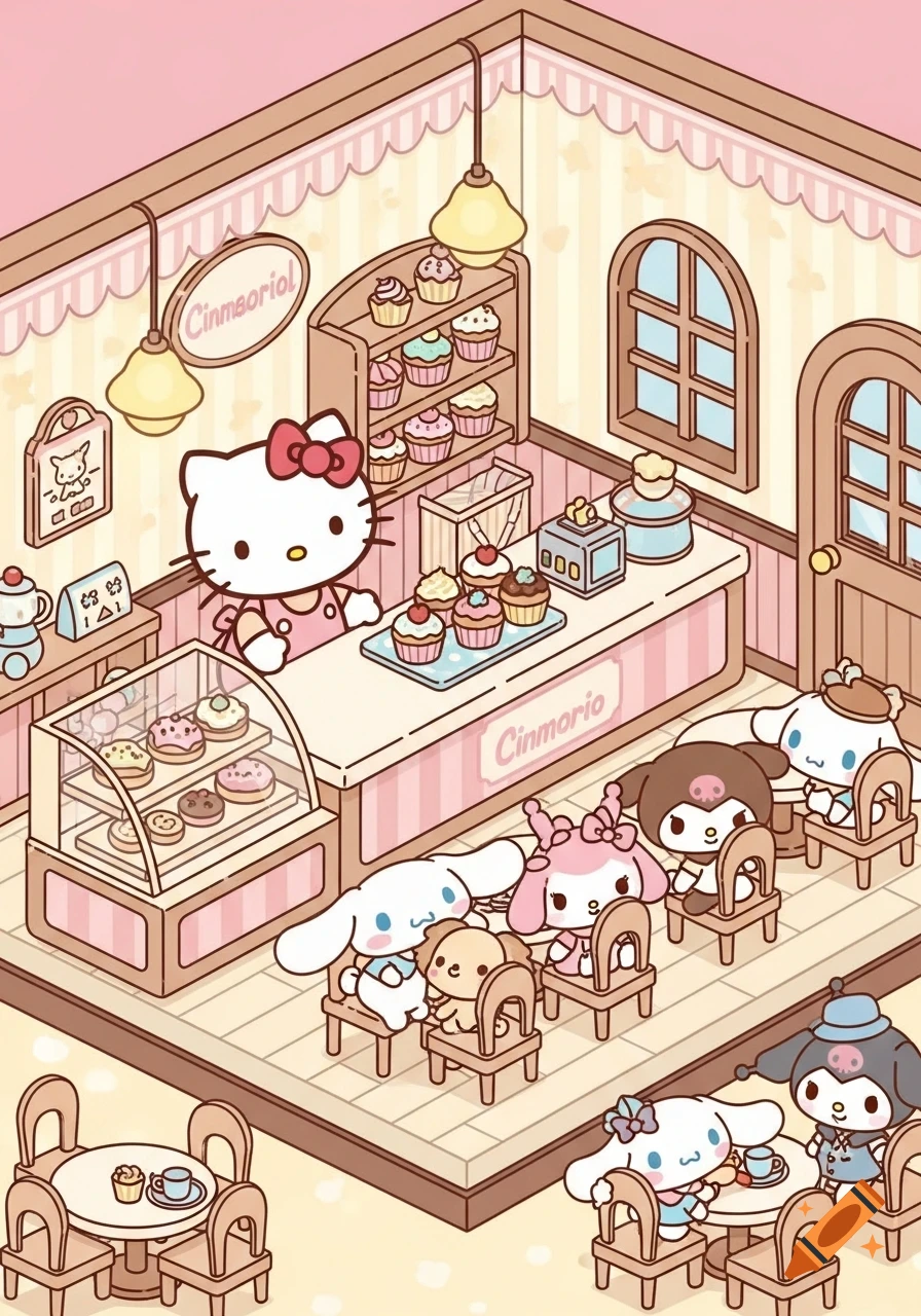 Hello Kitty serving cupcakes in a pink Sanrio cafe to Cinnamoroll and other characters, isometric cartoon style.