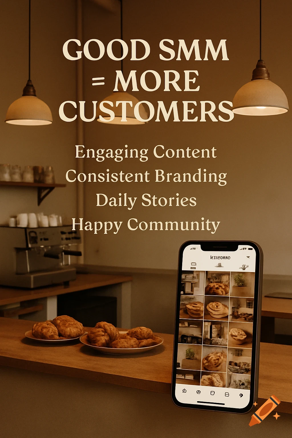 A cozy coffee shop interior with two plates of pastries on a wooden counter. A smartphone displays an Instagram feed. Overlay text reads "GOOD SMM = MORE CUSTOMERS", "Engaging Content", "Consistent Branding", "Daily Stories", "Happy Community".