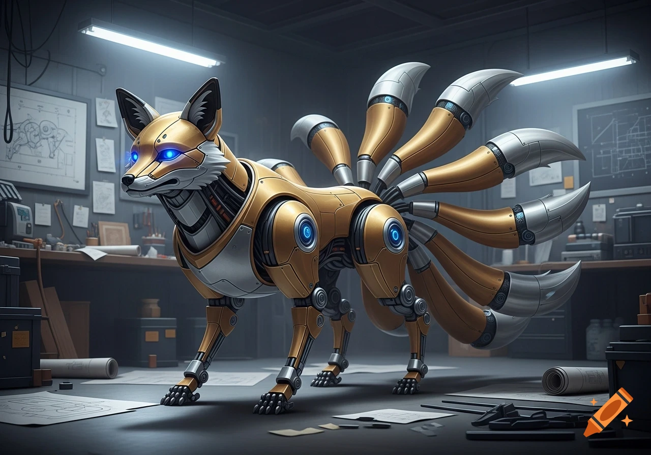 A gold and silver robotic fox with glowing blue eyes and nine tails stands in a detailed workshop.