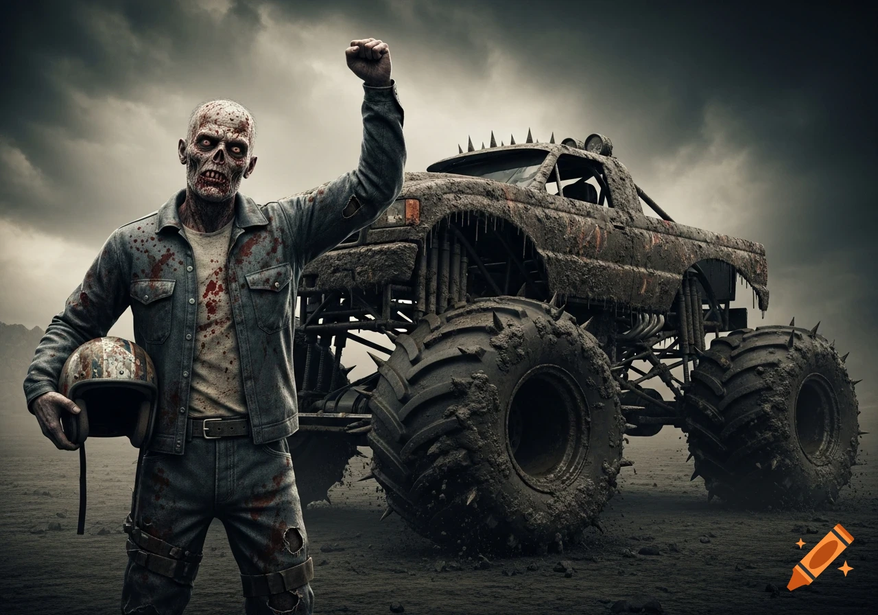 A photorealistic zombie in a blood-splattered denim outfit holds a helmet with one fist raised in front of a muddy, spiked monster truck under a moody sky.