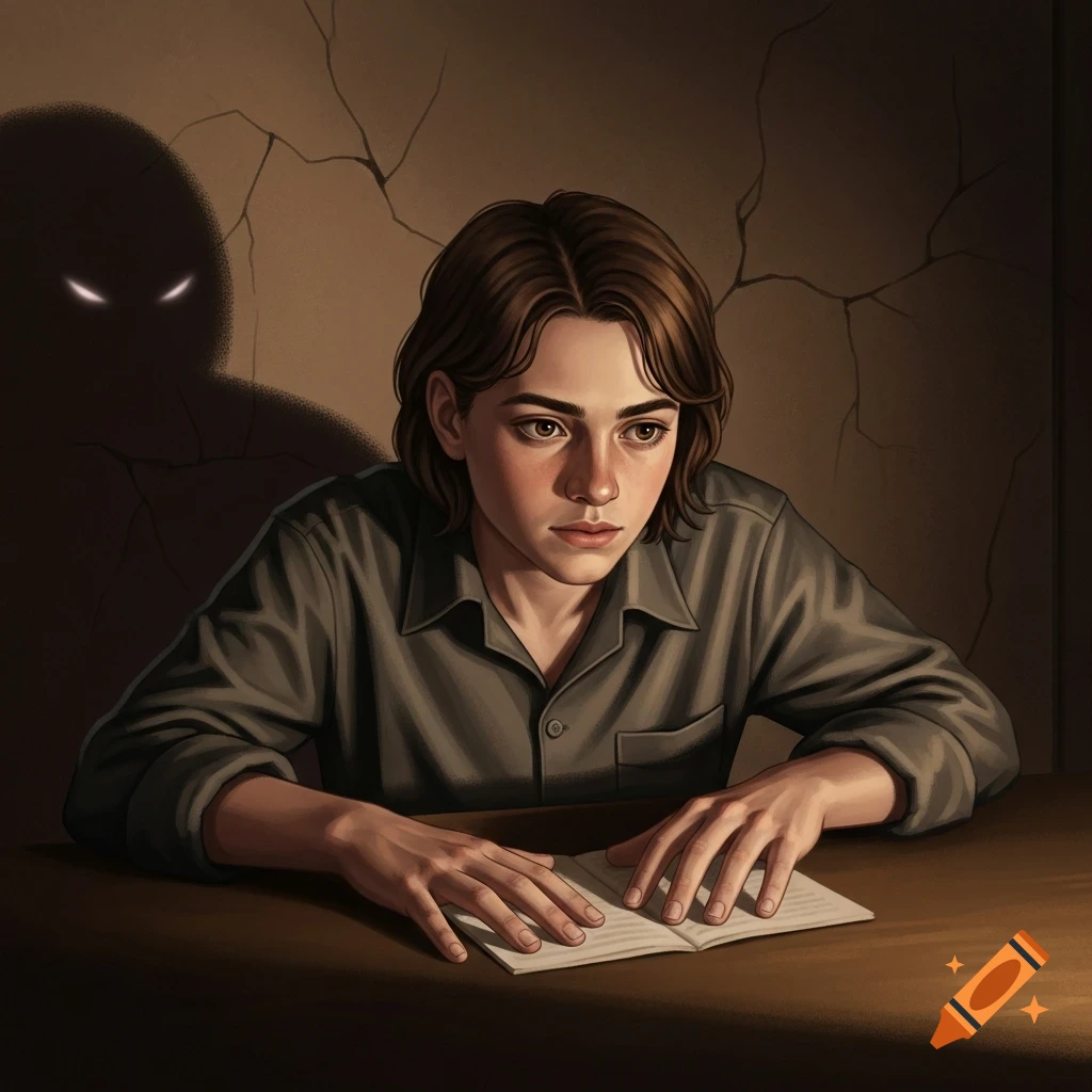 A young person with brown hair sits at a desk, looking intently at a blank paper, with a dark, glowing-eyed shadow looming behind them on a cracked wall.