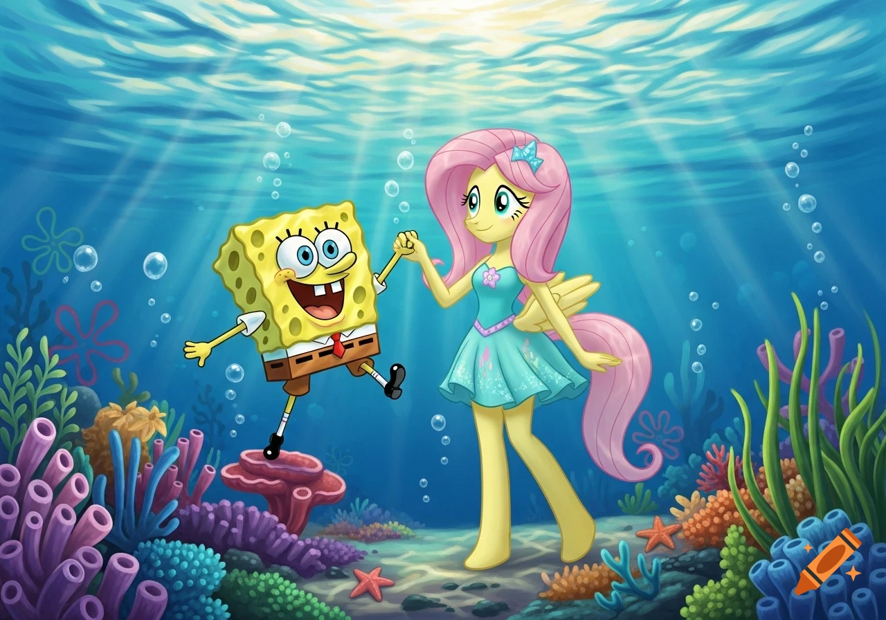 Spongebob Squarepants and Fluttershy Equestria Girl hold hands underwater amidst colorful coral and plants in a vibrant cartoon style.