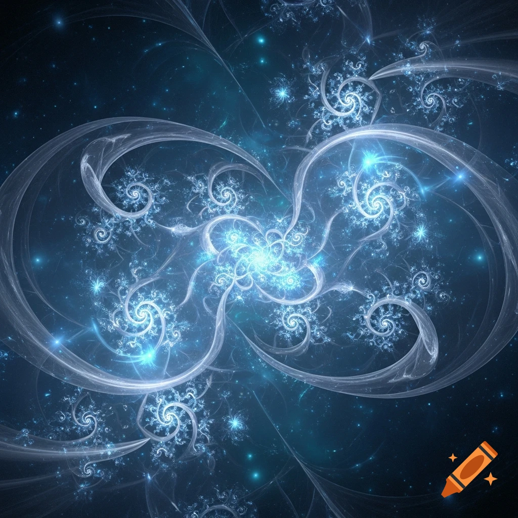 Glowing blue and white fractal patterns swirl on a dark, star-filled background.