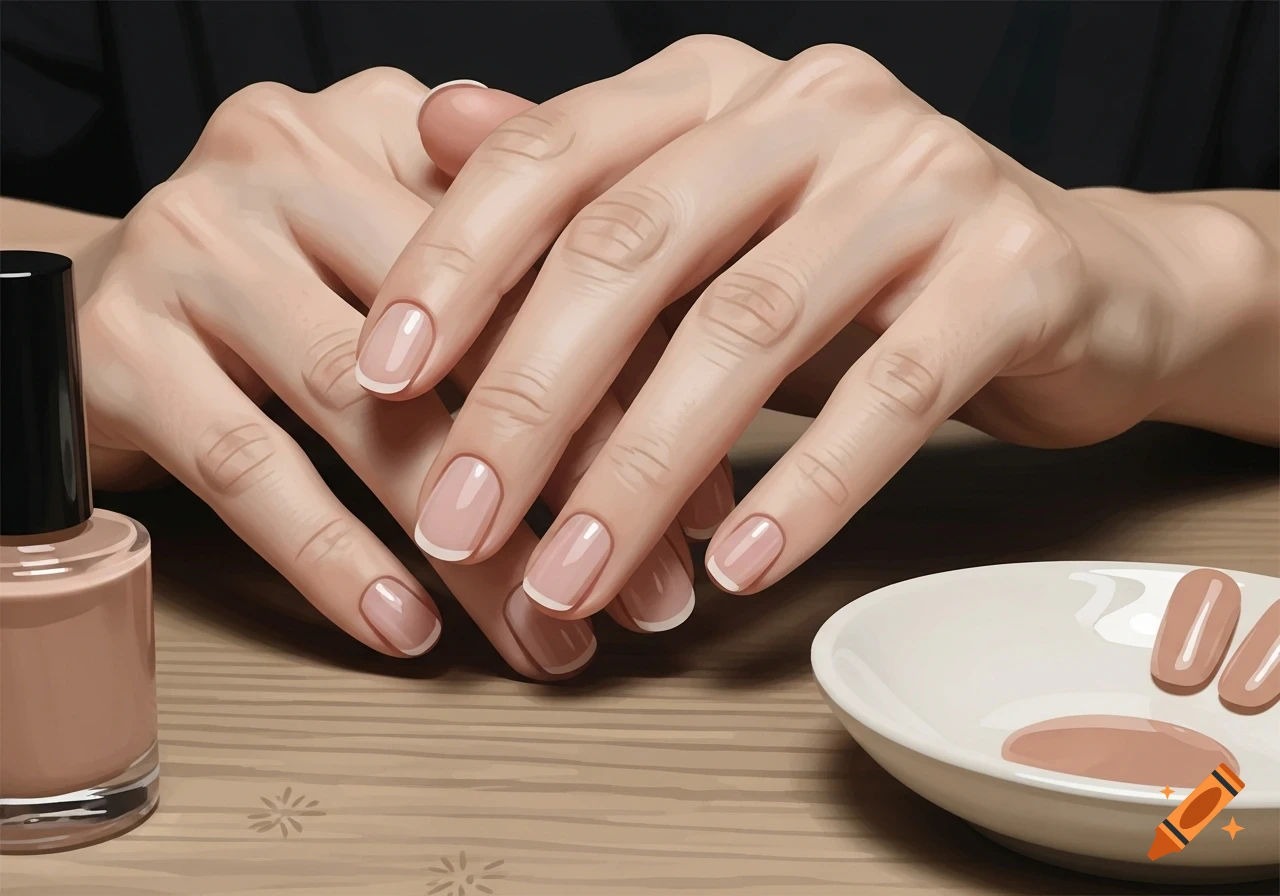 Close-up of manicured hands with French tips, a nail polish bottle, and polish samples on a wooden table.