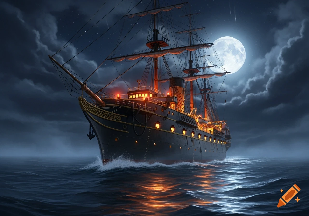 A dramatic view of a large, dark ship with glowing orange lights sailing on a choppy sea under a full moon at night.