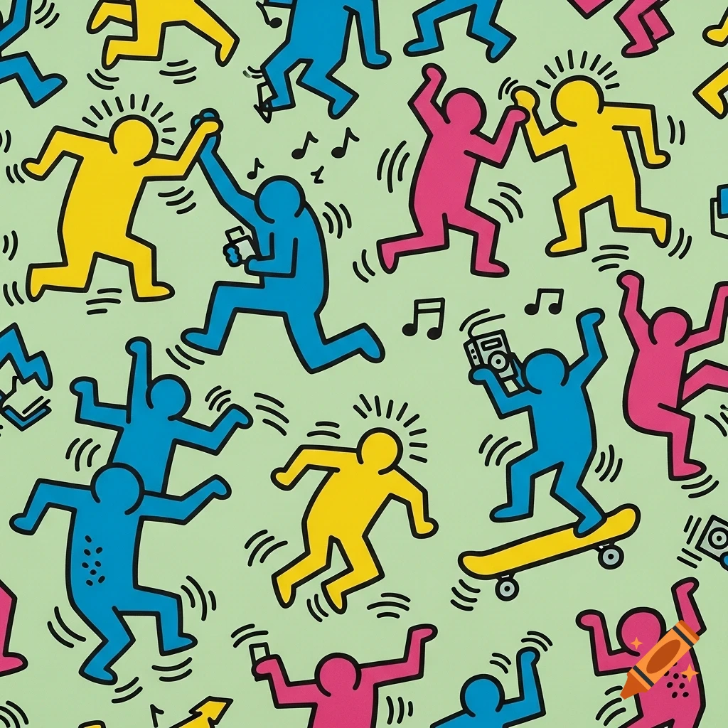 Joyful Keith Haring-style illustration of colorful stick figures dancing, high-fiving, with a Walkman, and on a skateboard against a light green background.