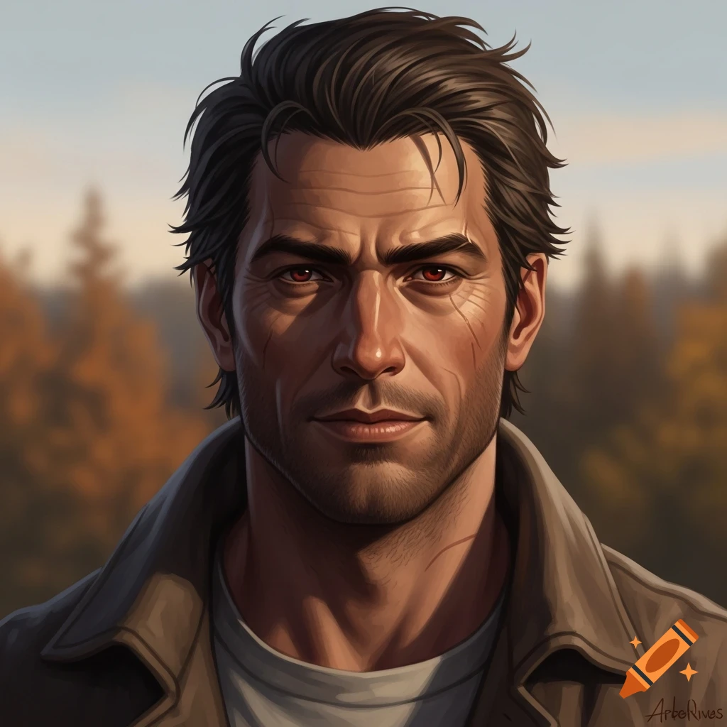 Digital portrait of a gruff man with dark hair, red eyes, and a scarred face in a brown jacket, against a blurred autumn background.