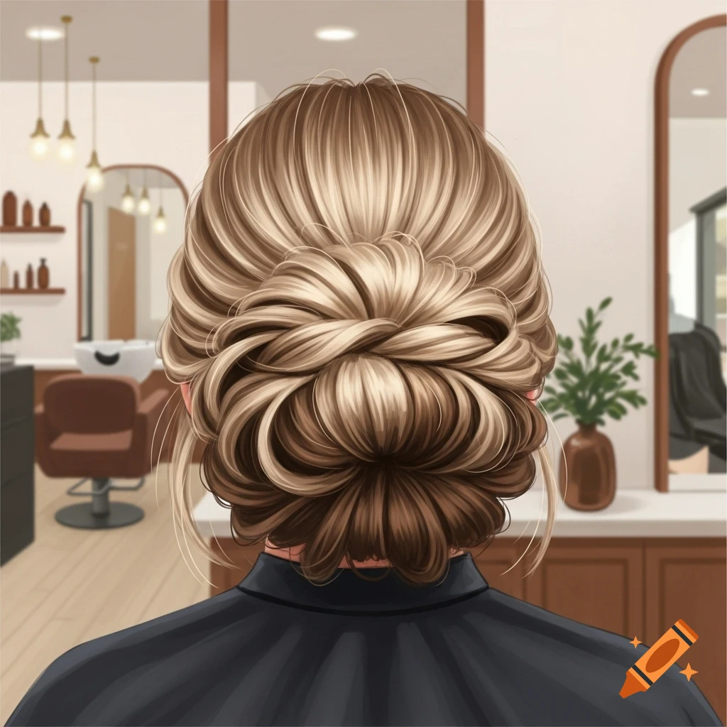 Illustration of the back of a person's head with an elaborate blonde and brown bun in a beauty salon.