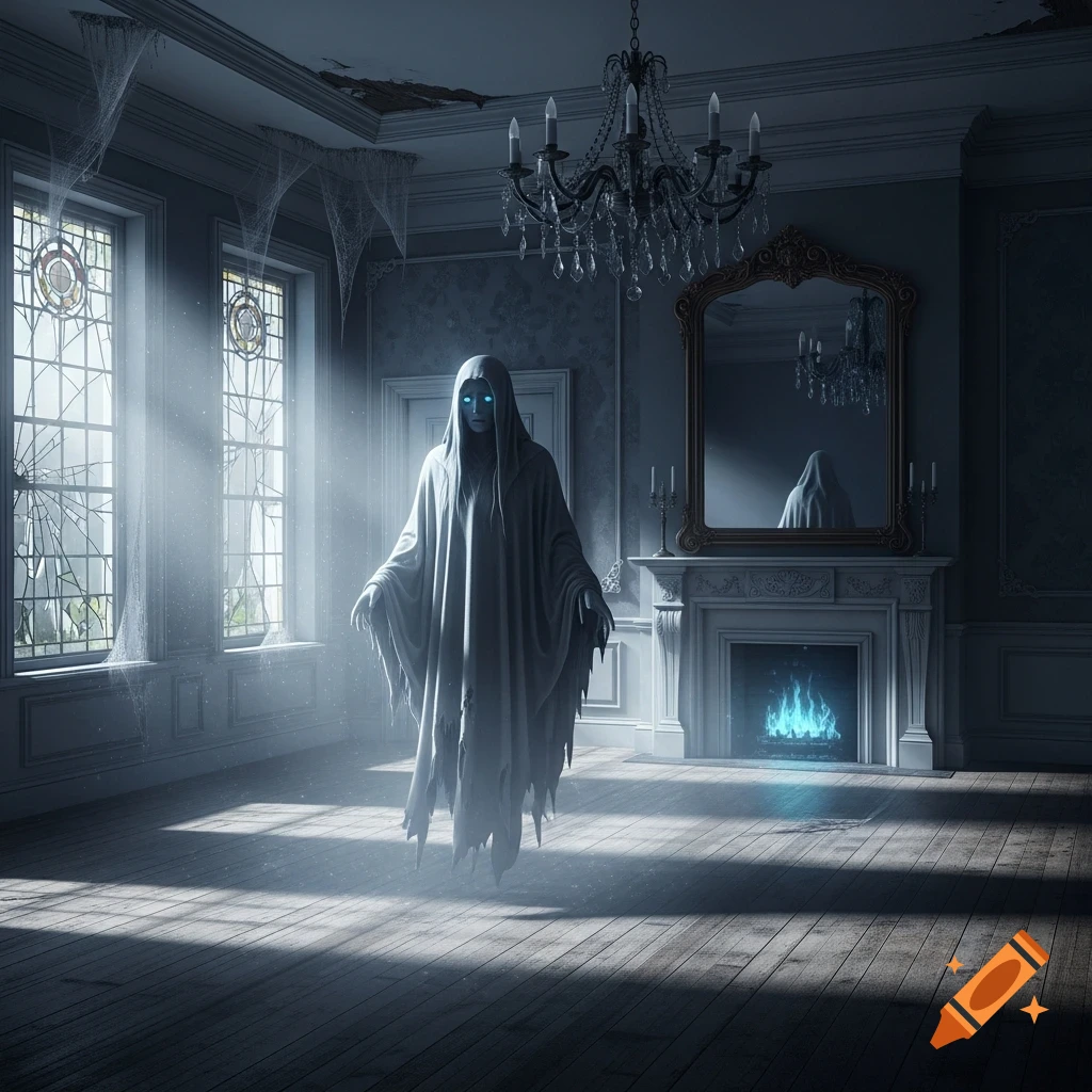A photorealistic ghostly figure with glowing blue eyes floats in a dimly lit, decaying mansion room with cobwebs and broken windows.