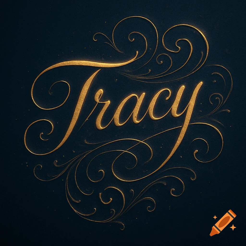 Golden script word 'Tracy' with elegant flourishes on a dark, textured background.