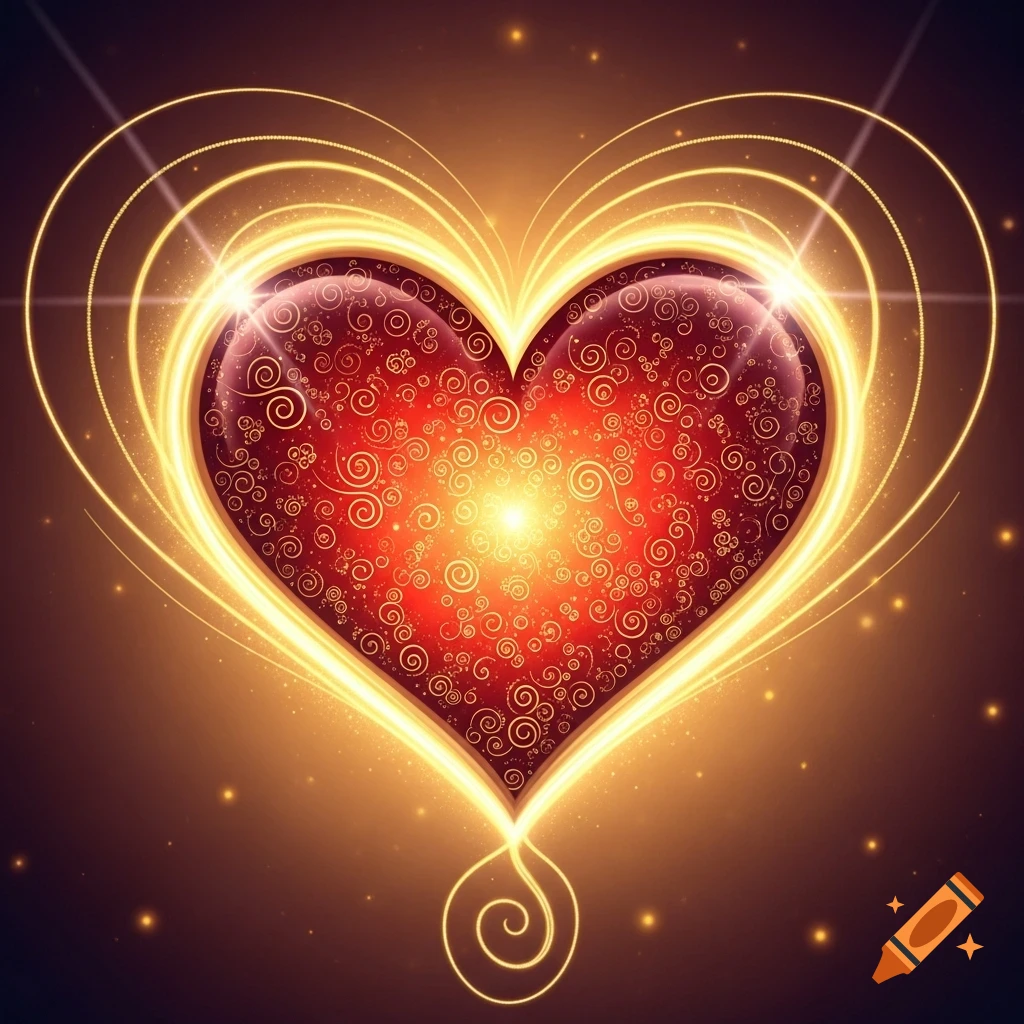 A glowing, ornate red heart with golden swirl patterns, surrounded by luminous gold light trails and sparkles on a dark background.