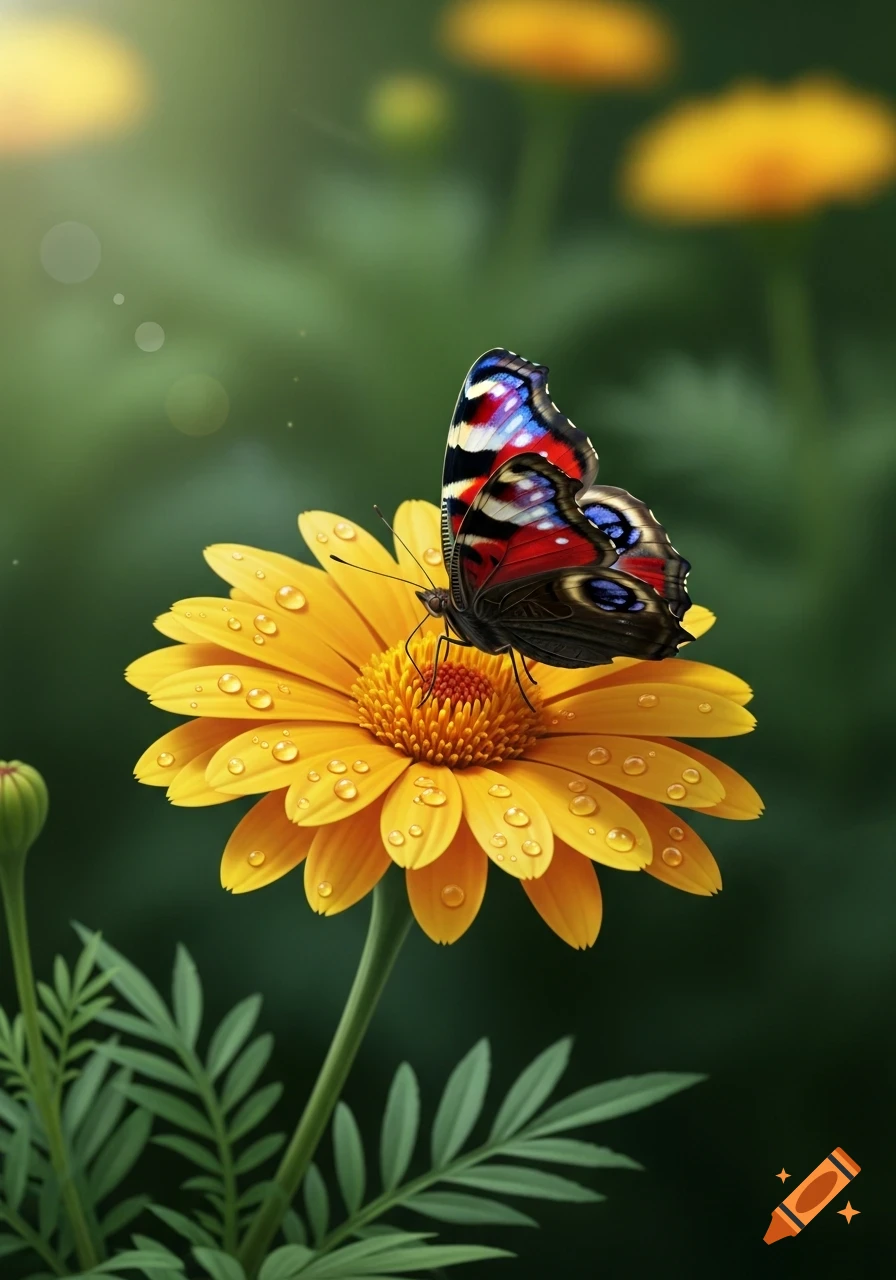 A colorful butterfly with red, blue, and black wings rests on a dew-covered yellow daisy, set against a soft green background.