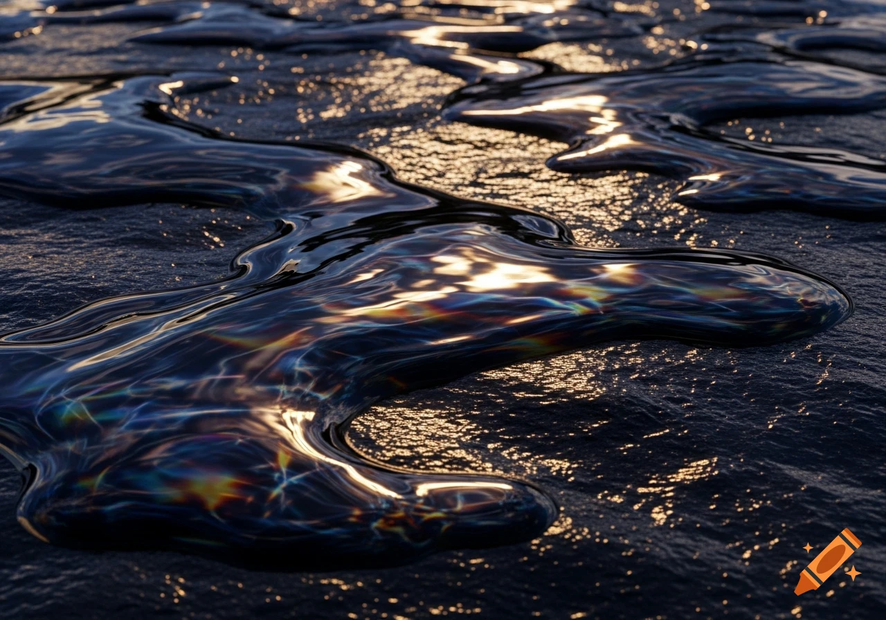 Iridescent dark oil slick spread on a textured surface, reflecting golden light.