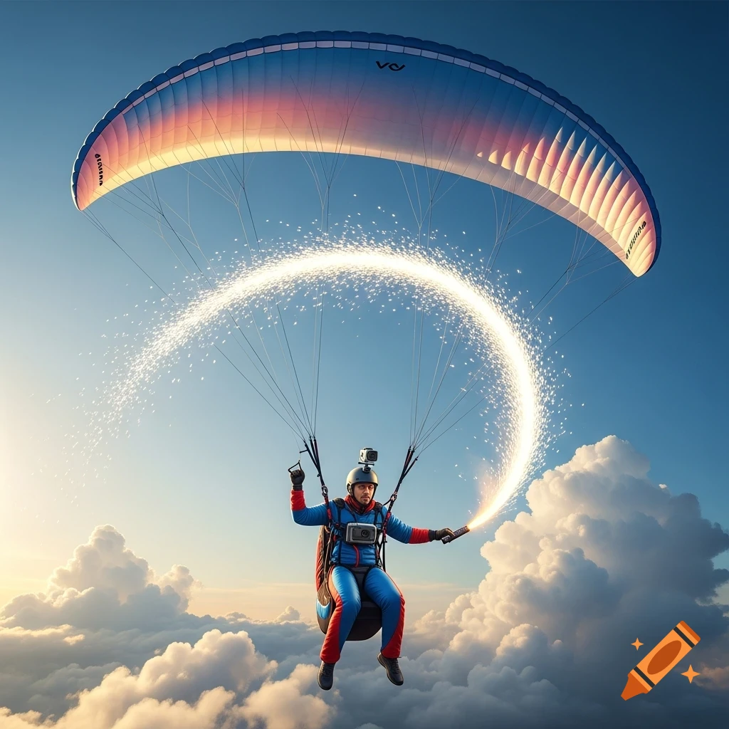 A paraglider in a blue and red suit soars above clouds under a colorful canopy, holding a sparkler creating a bright arc.