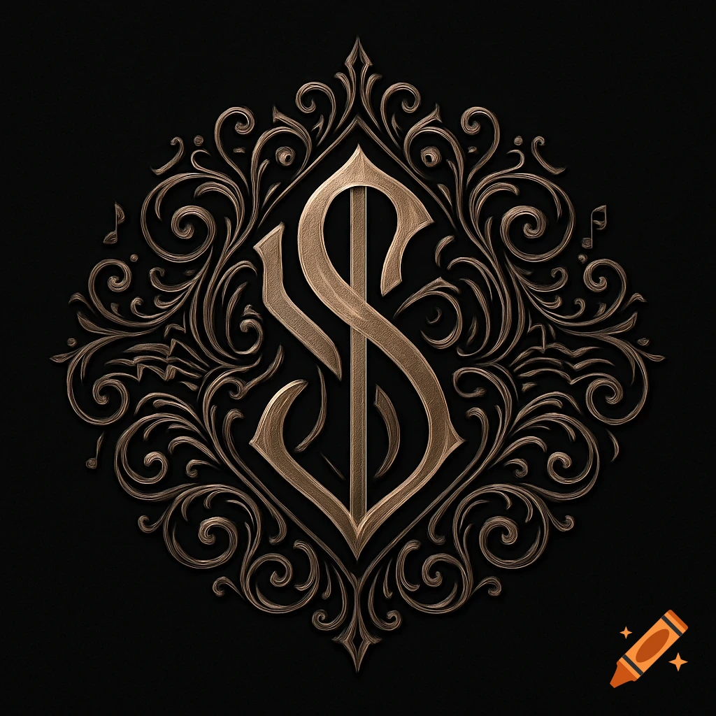 Ornate metallic S and D or P letter monogram logo with intricate scrollwork and subtle musical notes on a black background.