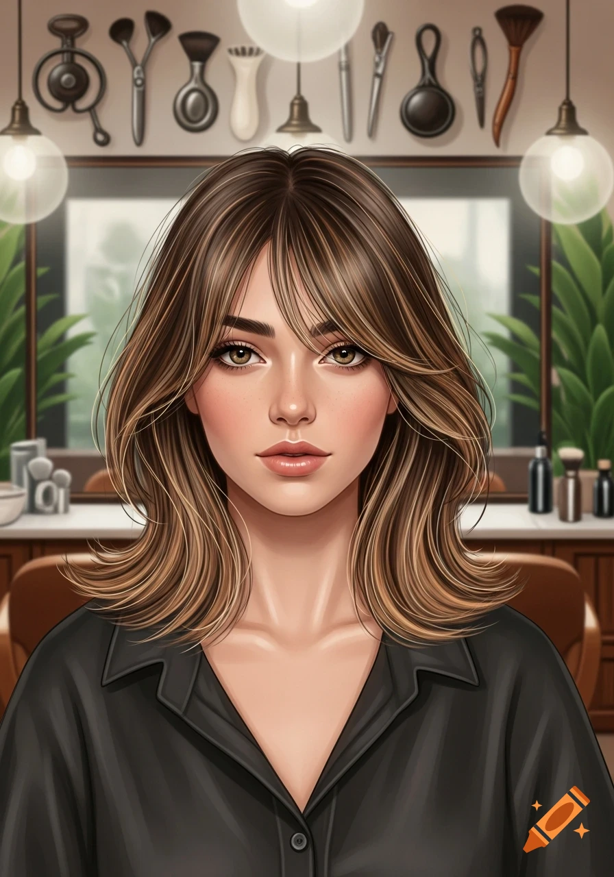 Digital illustration of a young woman with brown hair, wispy fringe, and light makeup, wearing a black shirt in a salon setting.