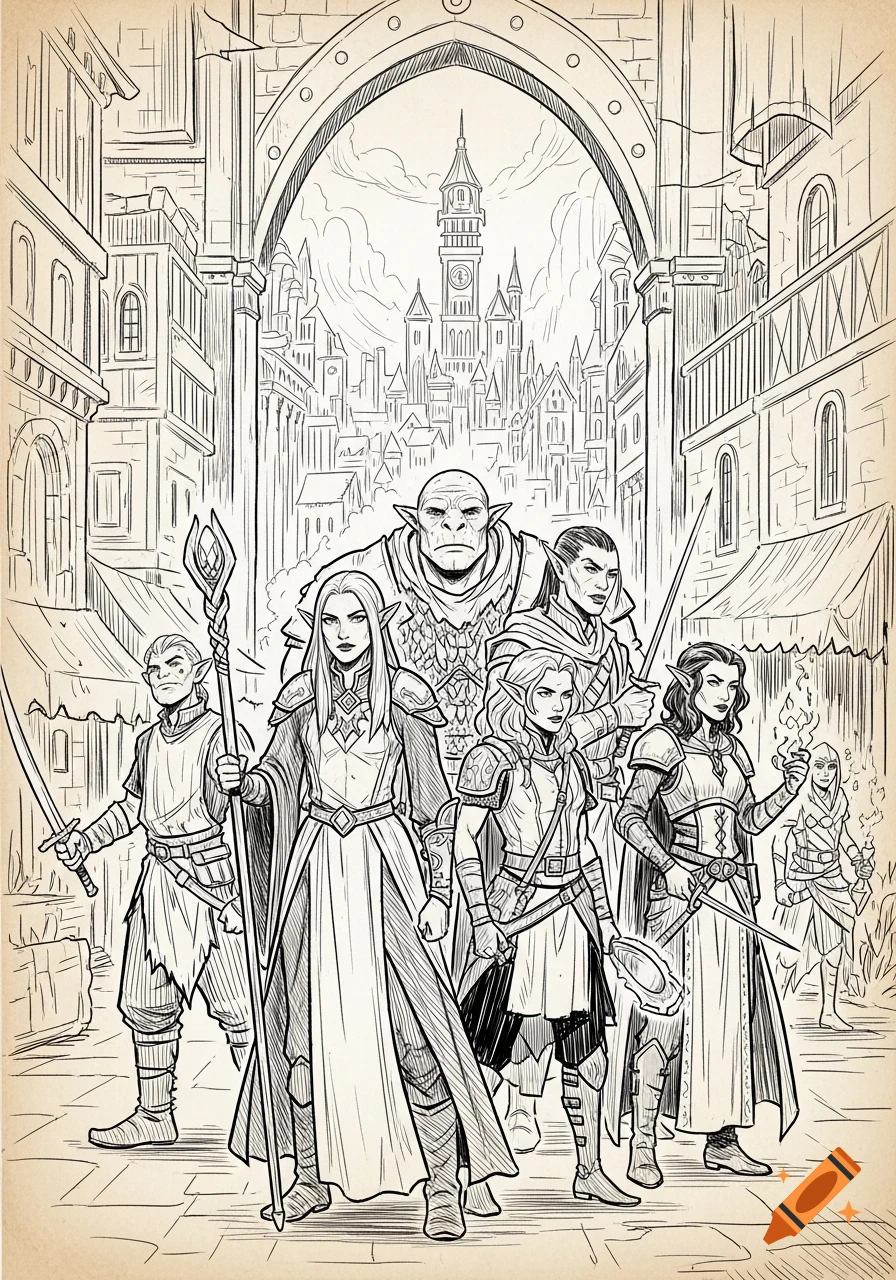 A black and white ink sketch depicting a diverse group of fantasy adventurers, including elves, a half-orc, and a human, standing in a city street with a grand clock tower in the background, in a detailed, informal style.