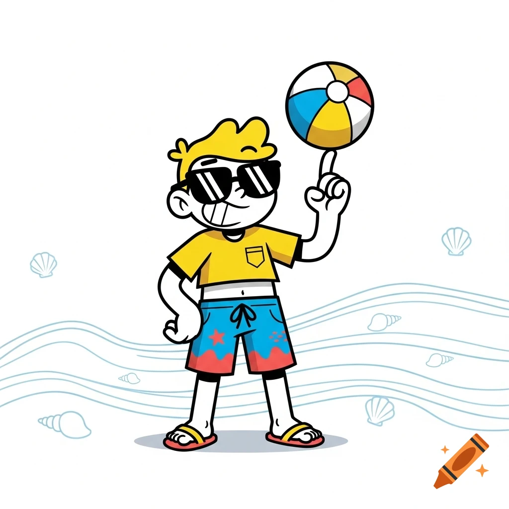 A brightly colored cartoon boy in sunglasses and beach clothes balances a beach ball on his finger against a background with waves and seashells.