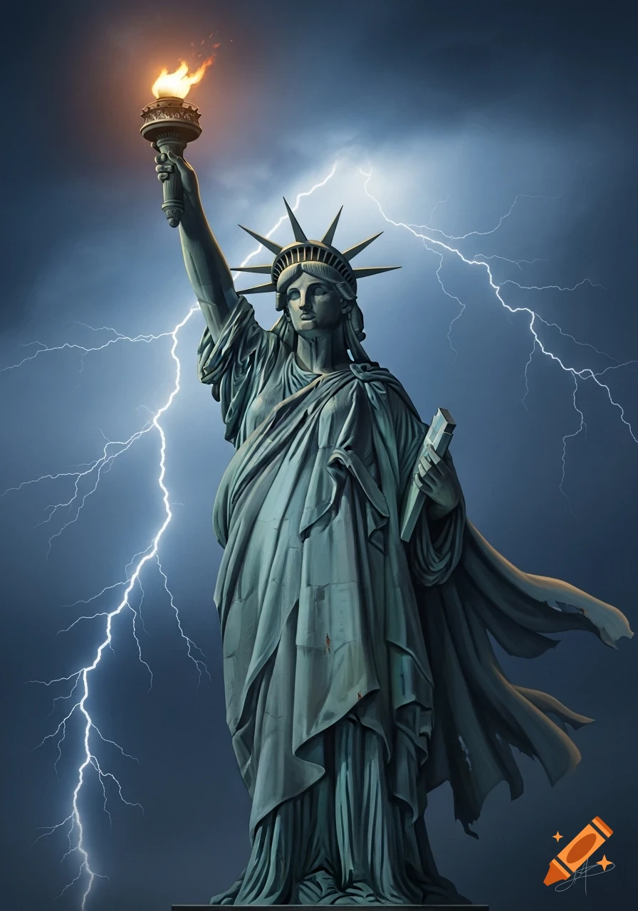 Illustration of the Statue of Liberty holding a fiery torch against a dark, stormy sky with lightning.
