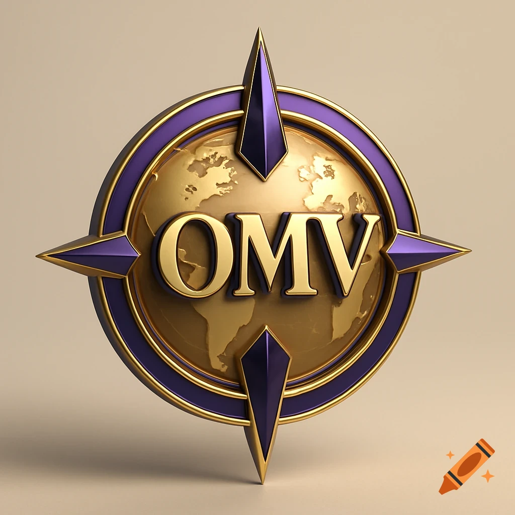 A 3D luxury business logo featuring a gold globe behind a purple and gold nautical compass with 'OMV' in the center.