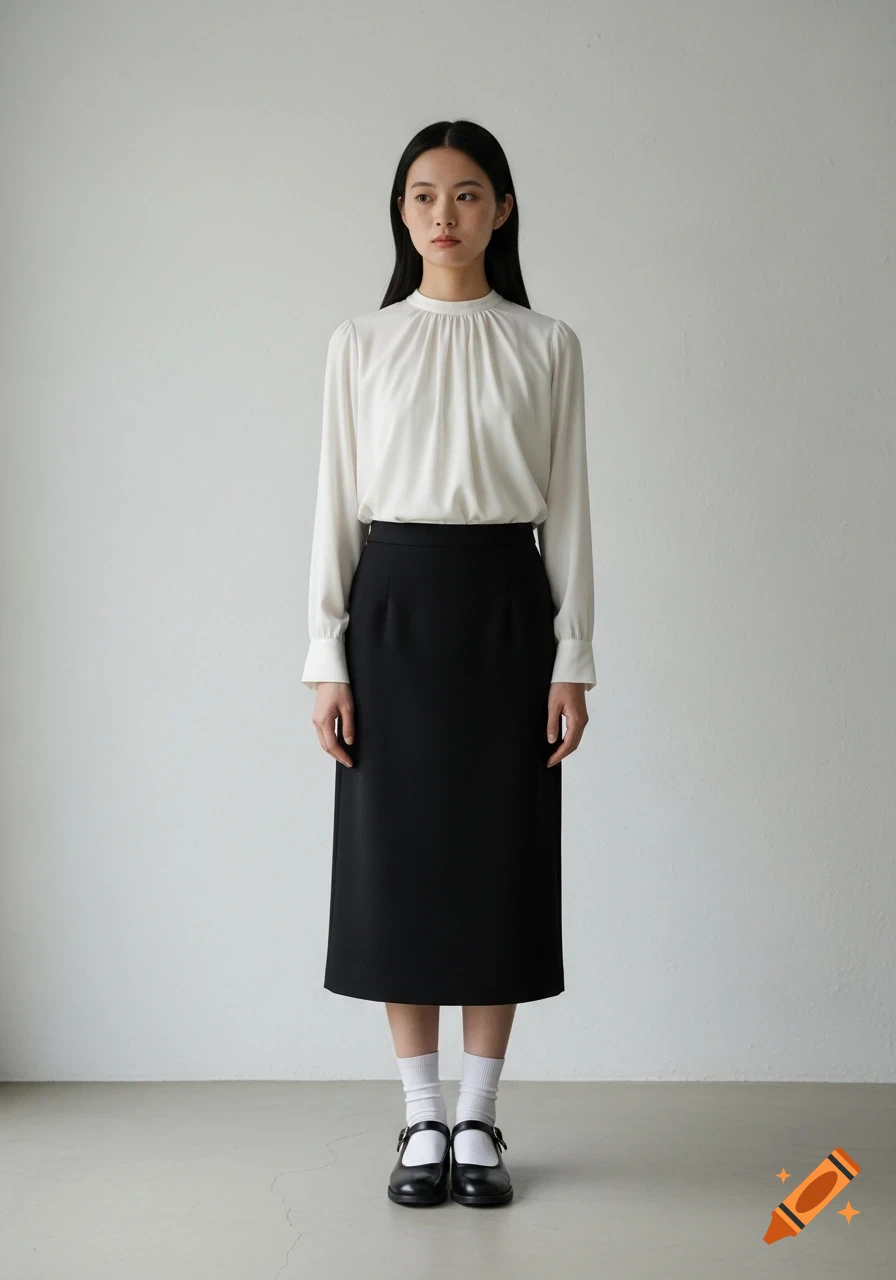 A slim Asian woman with long black hair wears a white blouse, black skirt, white socks, and black Mary Jane shoes, standing against a white wall in a photorealistic style.