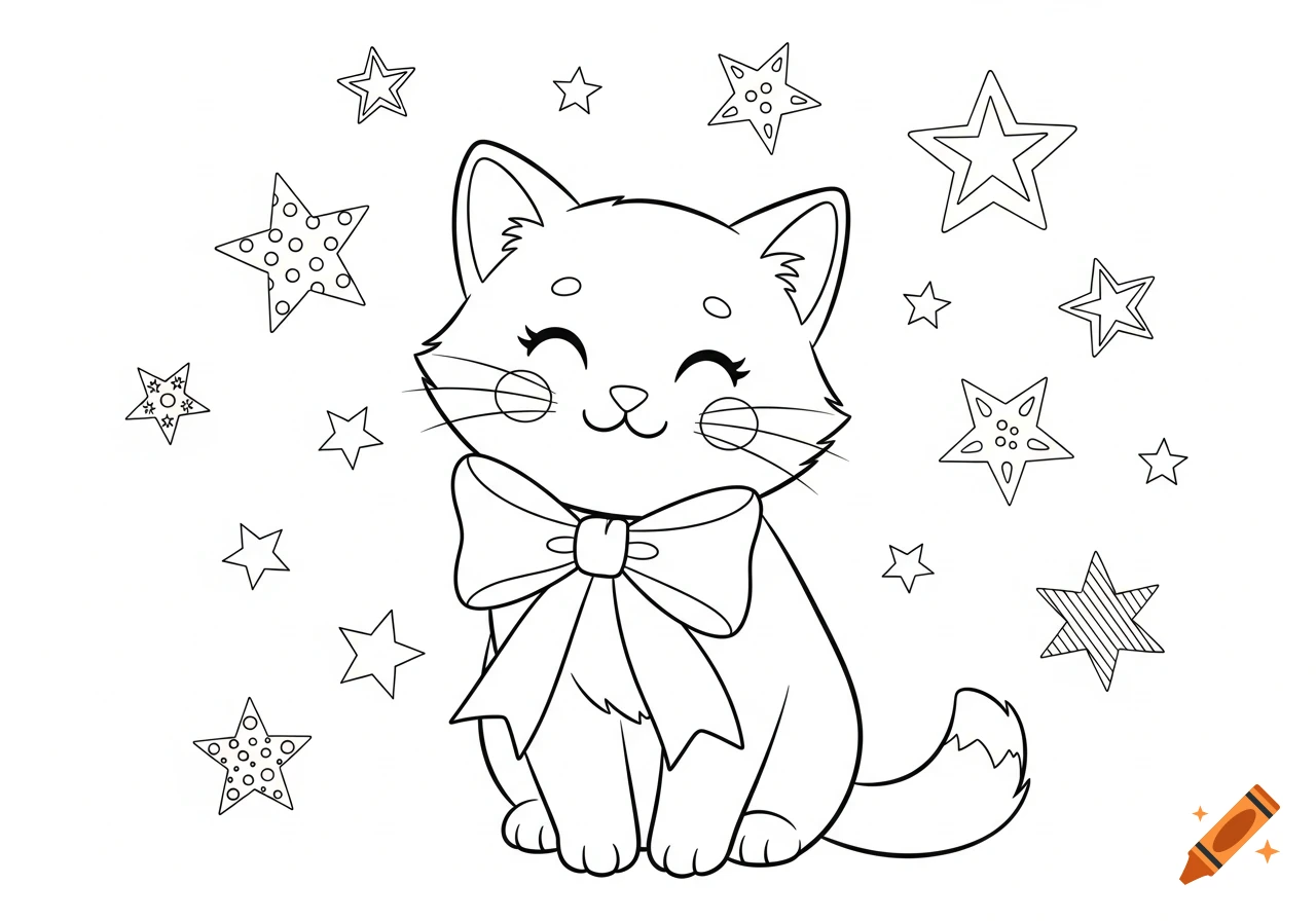 Smiling line art cat with a big bow on its neck, surrounded by stars, in a coloring book style.