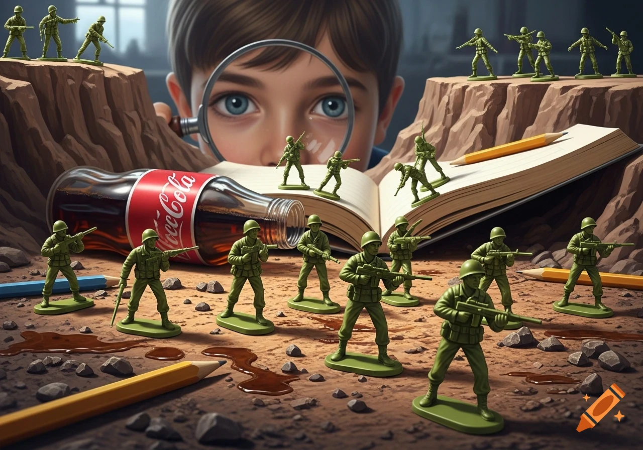 A child looks through a magnifying glass at toy army men arranged on a dirt surface with a Coca-Cola bottle, pencils, and an open book.